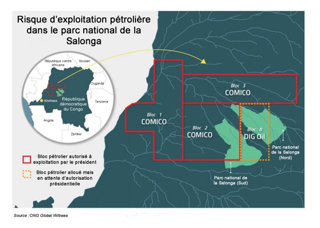 Global witness 2018 - Carte des concessions pétrolières dans le Parc national de la Salonga