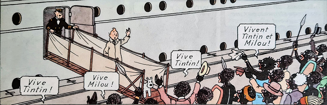Tintin au Congo - Accueil de Tintin et Milou à la descente du paquebot (Hergé)