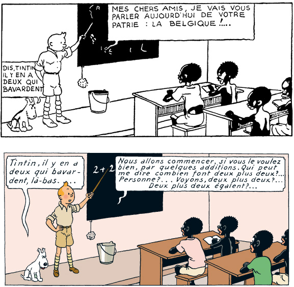 Tintin au Congo - Modification de la case où Tintin fait l'école aux enfants congolais (Hergé)