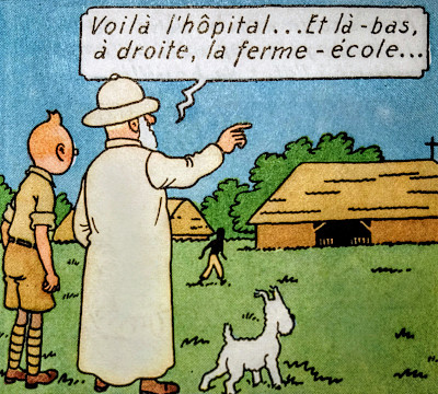Tintin au Congo - Viste du village avec le Père blanc (Hergé)